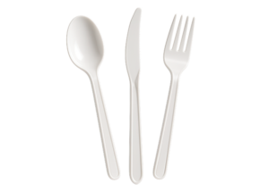 White plastic disposable spoon, knife, and fork