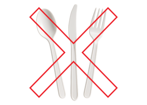White plastic disposable spoon knife, and fork with red X covering them