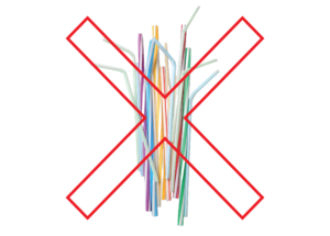 Disposable plastic bendy and straight drink straws. A red X is laid on top of them.