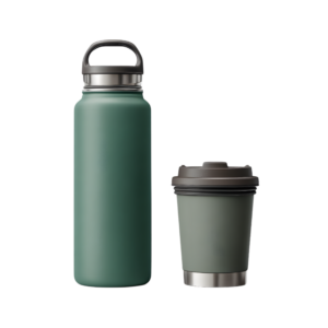 Metal green reusable water bottle and reusable metal coffee cup