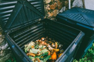 Green outdoor compost bin or cart with open lid and colorful food scraps inside.