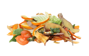 Pile of various food scraps including apple core, cut tomato pieces, orange rinds, potato peels, and greens