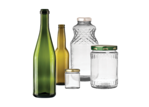 Glass bottles, jars, and jugs, both green and clear