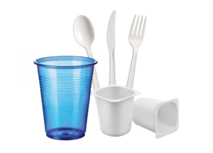 Blue disposable plastic cup, white plastic disposable yogurt cups, spoon, knife, and fork