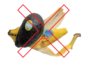 Avocado skin and banana peel, each with a produce sticker on them. A red X is overlaying the image