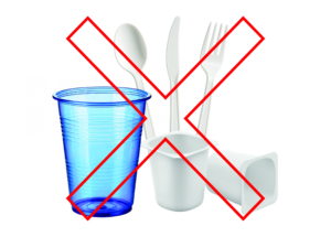 Blue disposable plastic cup, white plastic disposable yogurt cups, spoon, knife, and fork. A red X is overlaying the image