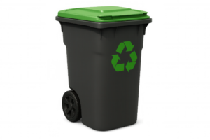 Dark gray wheeled recycling cart with green lid and green chasing arrows symbol on the front