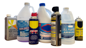 Various plastic bleach bottles, oil cans, and metal spray bottles