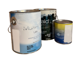 3 metal cans of paint - two large and one small.
