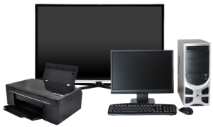 Computer monitor, TV, rinter, and desktop CPU