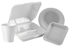 Foam food containers - foam coffee cup, takeout container with dividers, bowl, and tray.