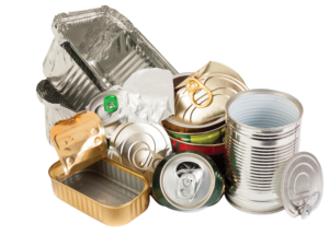 Various metal food container - cans, beverage containers, pull tab meat or fish packages, and chafing dishes.