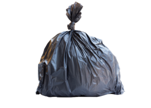 Black full trash bag knotted at the top