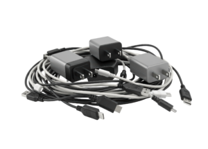 A tangle of electronics cords