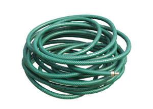 Green garden hose rolled up