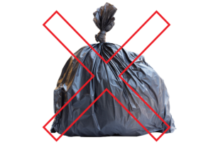 Black full trash bag knotted at the top with red X overlayed on top