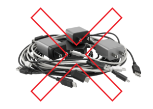 A tangle of electronics cords with a red X overlayed on top