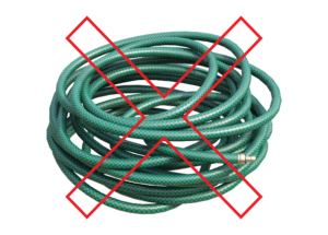 Green garden hose rolled up with a red X overlayed on top