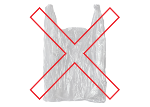 Single white plastic grocery bag with a red X overlayed on top