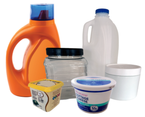 Various plastic containers - laundry detergent, dairy tubs, milk jug, and snack jug.